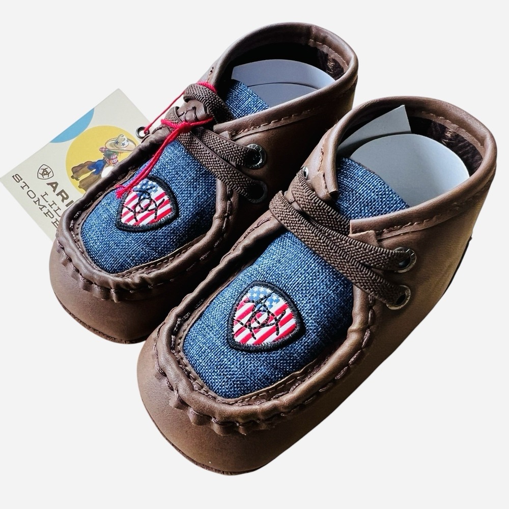 NWT Ariat Boys Lil' Stompers USA Spitfire Logo Lightweight Brown Blue Shoes Sz 4